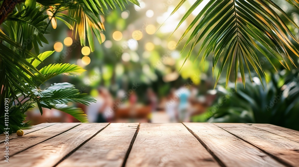 Empty Wooden Table Adorned with Palm Leaves in Lush Greenery Empty Wooden Table Adorned with Palm Leaves in Lush Greenery