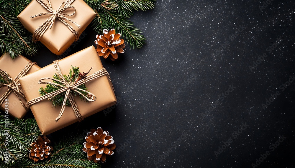 Festive Christmas Gifts Pine Cones and Fir Branches on Dark Background Festive Christmas Gifts Pine Cones and Fir Branches on Dark Background