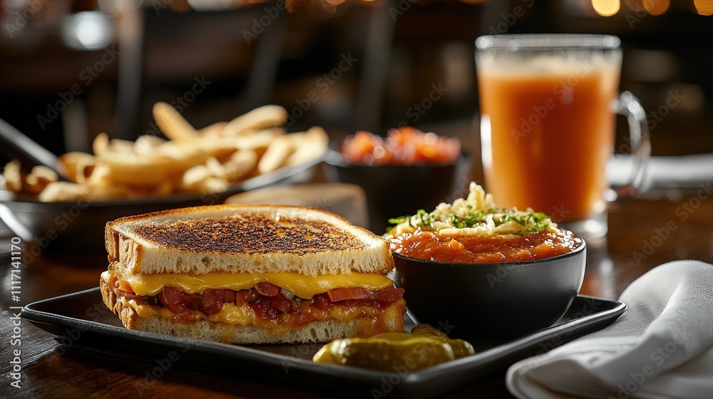 A classic grilled cheese and tomato soup combo, with golden, non-burnt bread and vibrant, fresh tomato soup, styled in a cozy diner setting, captured with professional food photography precision. A classic grilled cheese and tomato soup combo, with golden, non-burnt bread and vibrant, fresh tomato soup, styled in a cozy diner setting, captured with professional food photography precision.