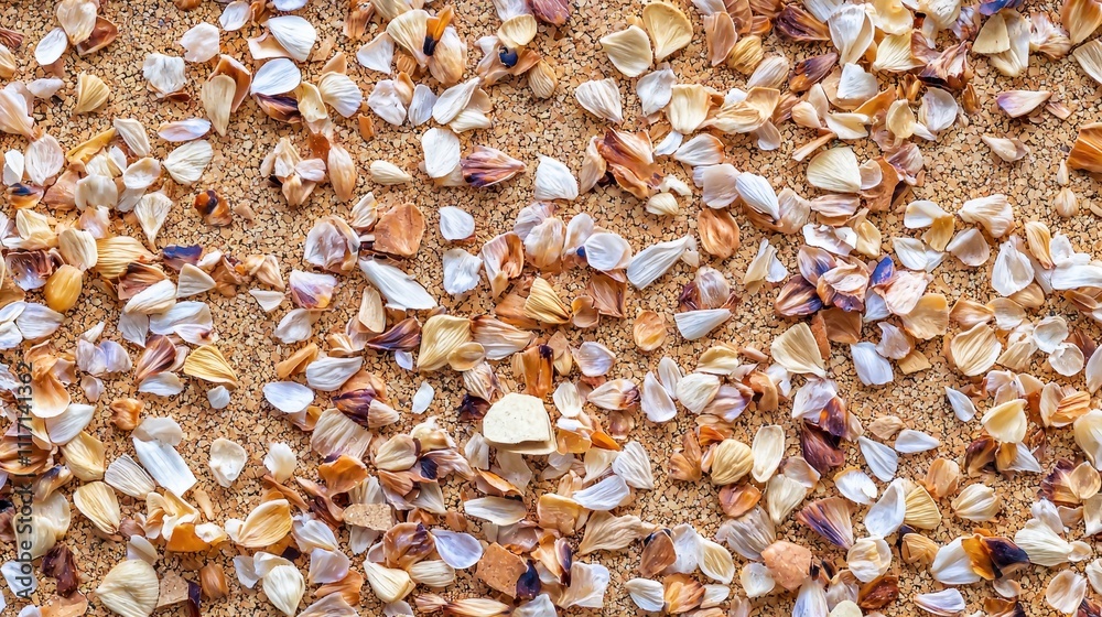 Colorful Shell and Sand Texture on a Beach, Natural Background for Design Projects
