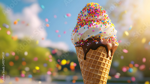 Fototapeta Naklejka Na Ścianę i Meble -  Delicious Ice Cream Cone with Sprinkles in Summer