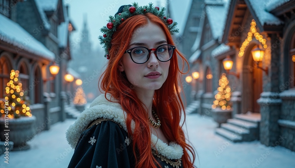 Obraz premium Redhead with wreath in snowy Christmas village
