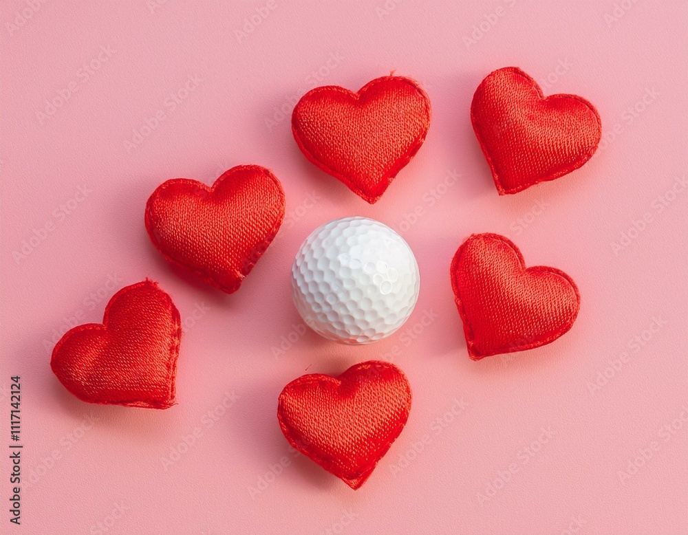 Golf ball surrounded by red hearts on a pink background, Valentine golfing design Golf ball surrounded by red hearts on a pink background, Valentine golfing design