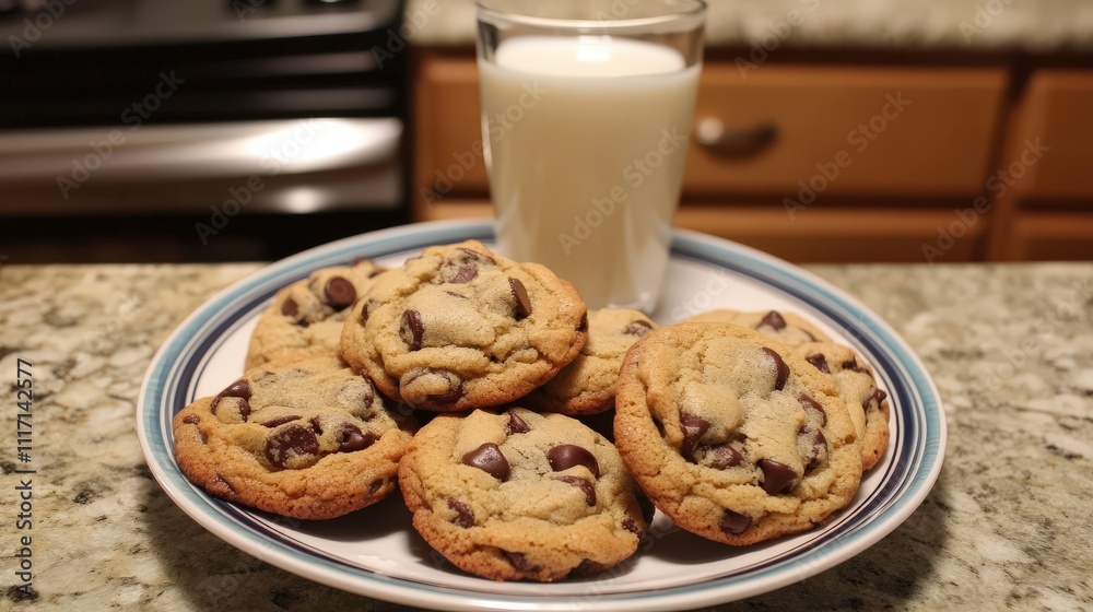 A dessert photography shot of warm, freshly baked chocolate chip cookies arranged neatly on a plate, served with a glass of milk, set in a bright home kitchen with soft lighting A dessert photography shot of warm, freshly baked chocolate chip cookies arranged neatly on a plate, served with a glass of milk, set in a bright home kitchen with soft lighting