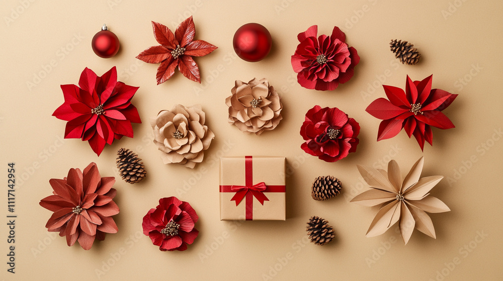 Zero waste Christmas flat lay with eco-friendly gifts wrapped in craft paper, festive ornaments, and flowers arranged on a beige background. Perfect for sustainable holiday concepts.
Zero waste Christmas flat lay with eco-friendly gifts wrapped in craft paper, festive ornaments, and flowers arranged on a beige background. Perfect for sustainable holiday concepts.
