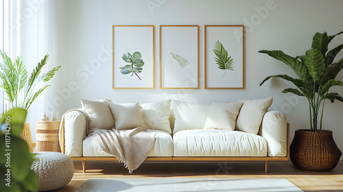 Design sofa, tropical plant, pillows, blanket, gramophone, and mock up picture frames are all featured in this stylish Scandinavian white room. Modern living area with white walls & brown oak parquet 