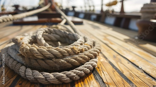 Detailed view of a boat deck with an old fashioned rope coil