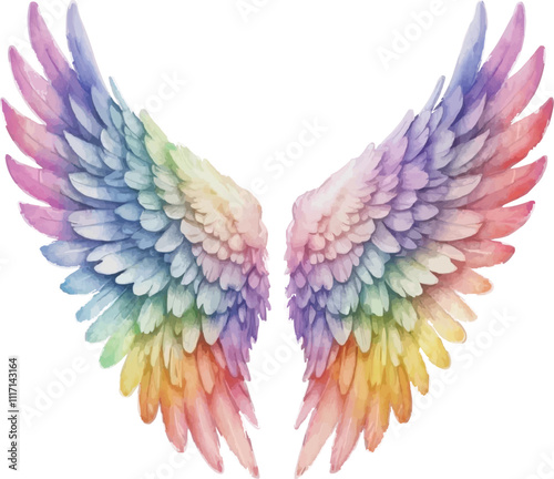 A pair of rainbow colored angel wings on a white background