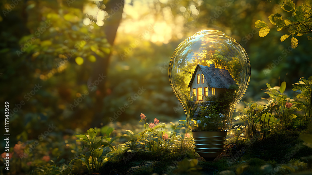 Fototapeta premium A light bulb encasing a small house surrounded by lush greenery and soft sunlight.