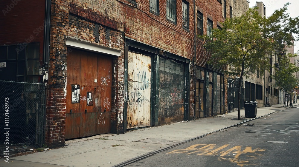 Fototapeta premium Weathered Urban Warehouse in Grunge Style on Empty City Street