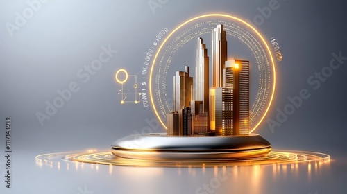 Wallpaper Mural A sleek circular logo with binary code patterns subtly embedded in the outer ring, combined with an abstract high-rise building design at the center, placed on a soft gray background. Torontodigital.ca