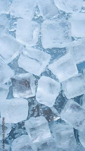 Chilled ice cubes arranged on a surface with bubbles creating a refreshing atmosphere in a cool setting