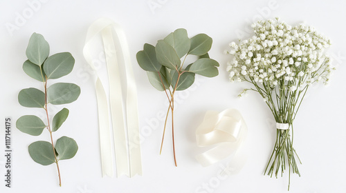 Elegant White   Green Flatlay  Eucalyptus  Baby s Breath  Ribbon