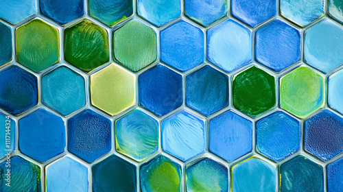  A grid of hexagons with varying shades of blue and green, creating a honeycomb pattern. 