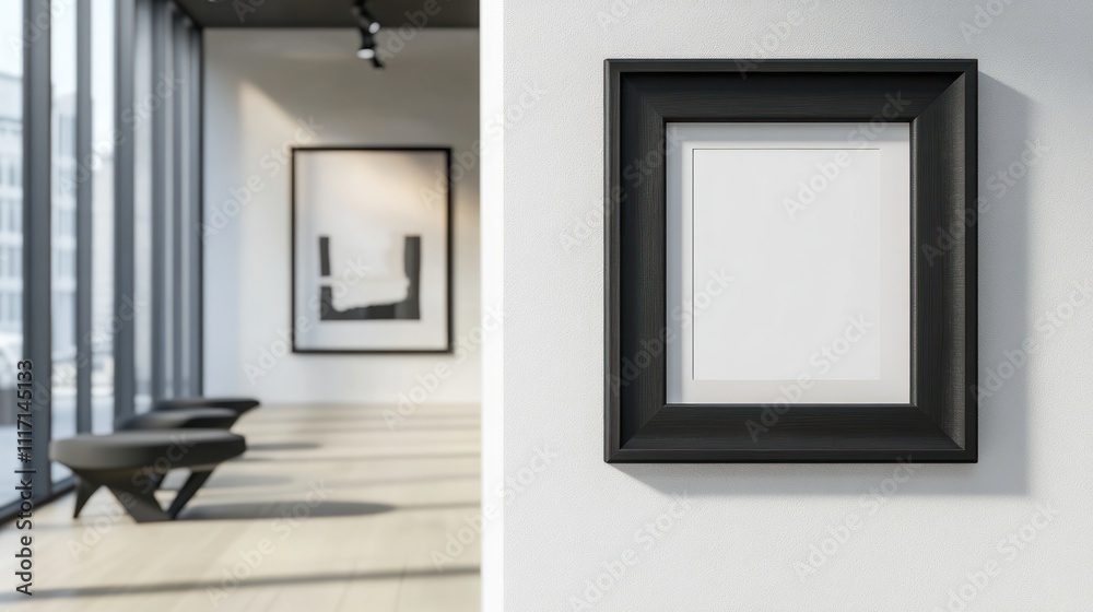 A modern art gallery featuring an empty black-framed picture on a white wall. A modern art gallery featuring an empty black-framed picture on a white wall.