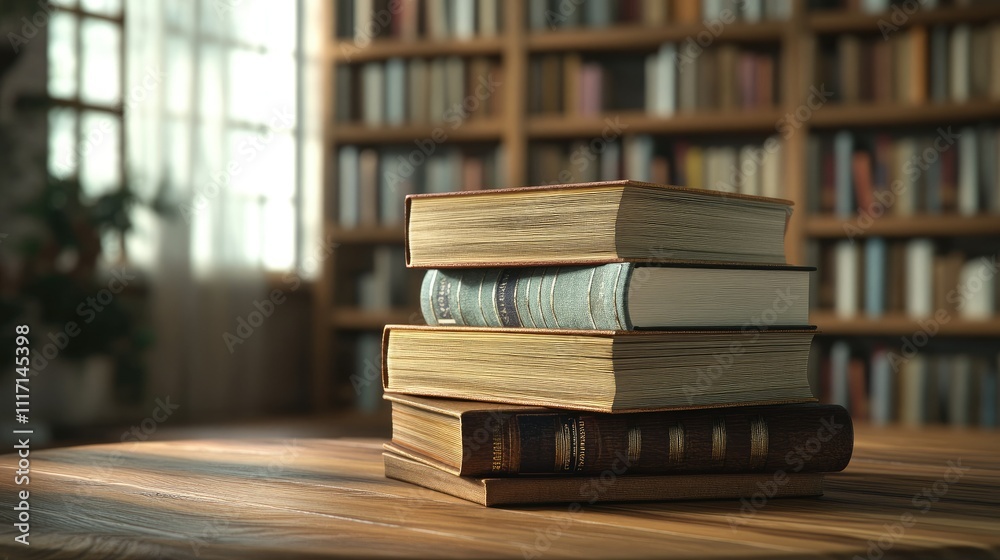 A stack of books on a wooden table, with a library backdrop, suggesting knowledge and learning. A stack of books on a wooden table, with a library backdrop, suggesting knowledge and learning.