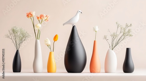 Elegant ceramic statue of a tiny white pigeon perched atop a smooth black teardrop shape, surrounded by playful vases in unconventional shapes holding fresh flowers, whimsical and artistic design.