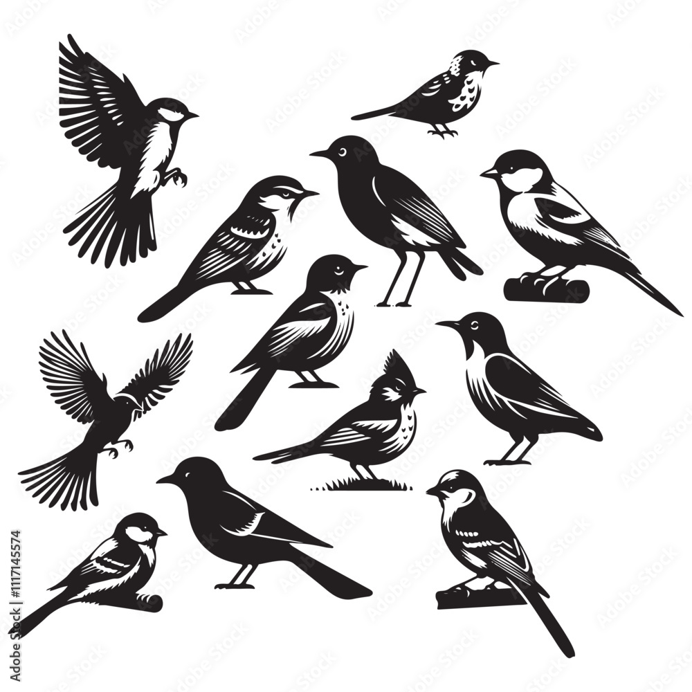 Set of bird silhouette vector. Flat vector icons of bird silhouettes. Birds flying. Set of bird silhouette vector. Flat vector icons of bird silhouettes. Birds flying.