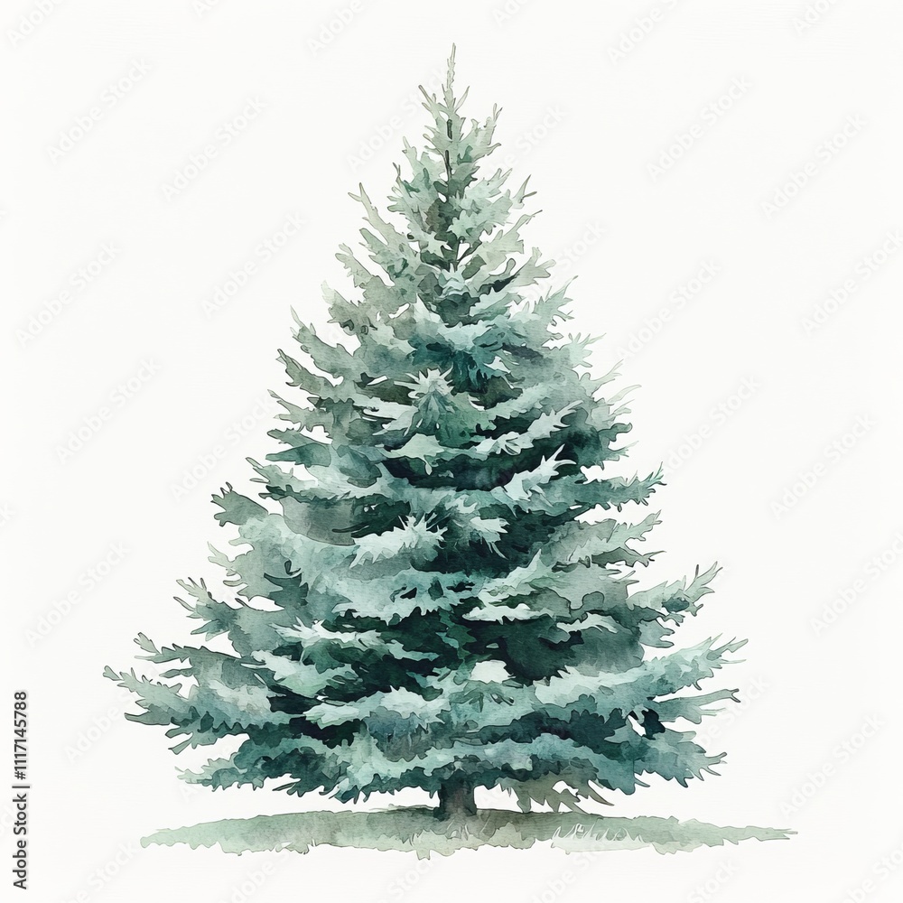 Fototapeta premium Watercolor painting of a Christmas tree in a modern, minimalist style, on isolated white background