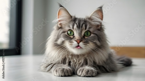 Funny large longhair gray kitten with beautiful big green eyes lying on white table. Lovely fluffy cat licking lips. Free space for text. photo