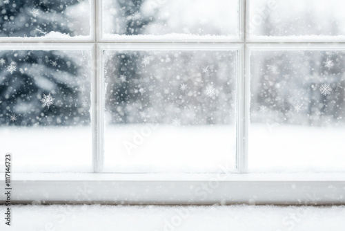 A cozy winter scene viewed through a window with snowfall outside. photo