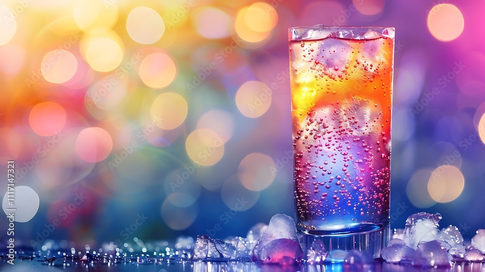 Fizzy drink with a colorful gradient and ice Fizzy drink with a colorful gradient and ice