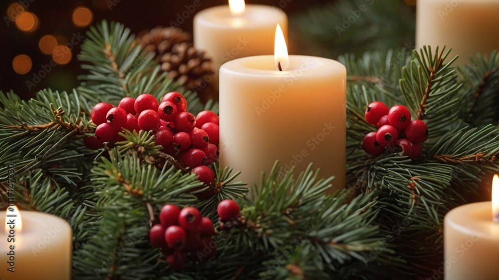A close-up of a glowing candle set among vibrant green spruce branches, accented by clusters of red berries. The soft candlelight casts a warm glow, creating a cozy holiday atmosphere. A close-up of a glowing candle set among vibrant green spruce branches, accented by clusters of red berries. The soft candlelight casts a warm glow, creating a cozy holiday atmosphere.