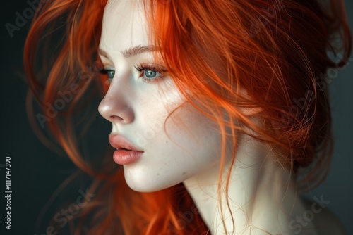 A woman with red hair and blue eyes
