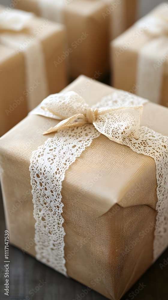 Close-up of several wrapped gifts with light beige kraft paper, cream lace ribbon, and bows. Close-up of several wrapped gifts with light beige kraft paper, cream lace ribbon, and bows.