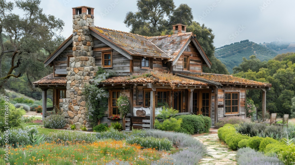Rustic wooden house with stone chimney, surrounded by colorful flowers and lush greenery on a hillside. Rustic wooden house with stone chimney, surrounded by colorful flowers and lush greenery on a hillside.