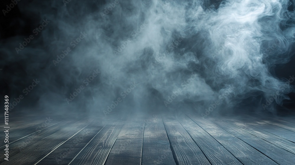 Mysterious Empty Wood Floor with Swirling Smoke in Dark Environment Mysterious Empty Wood Floor with Swirling Smoke in Dark Environment