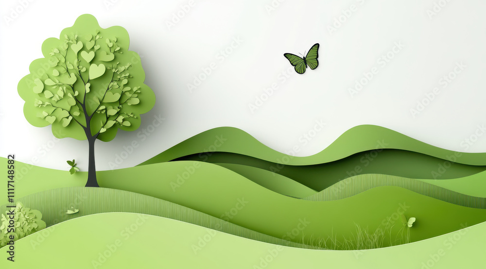 Fototapeta premium vibrant green landscape with paper cut tree and butterfly