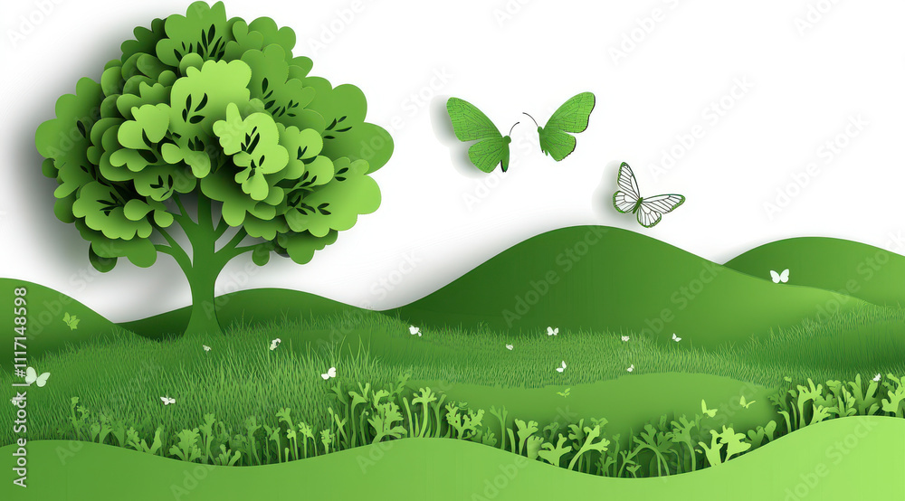 Fototapeta premium Green tree and butterflies in serene landscape with lush grass