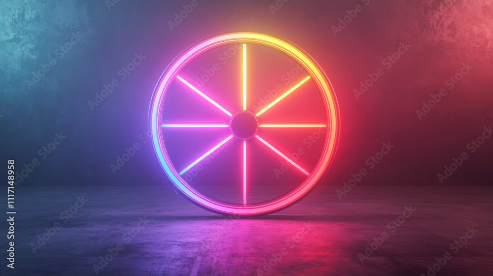 A glowing neon wheel with vibrant colors illuminating a dark space. A glowing neon wheel with vibrant colors illuminating a dark space.