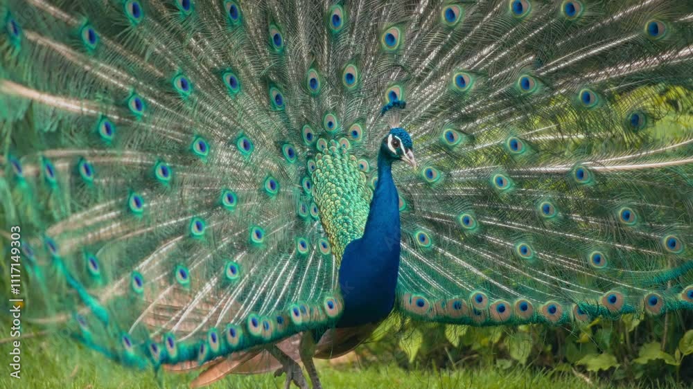 Male peacock with his colorful feather tail