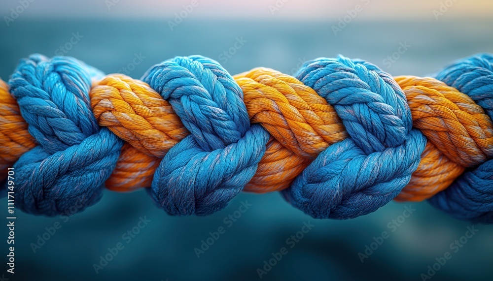 realistic scene of a synthetic climbing rope with intricate knots, loops, and coiled sections realistic scene of a synthetic climbing rope with intricate knots, loops, and coiled sections