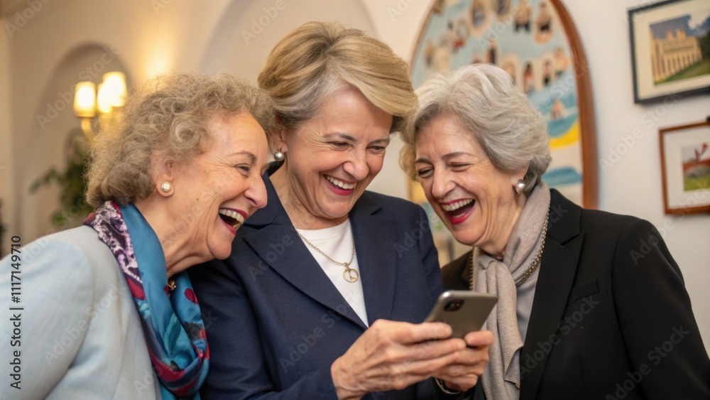 A group of older women huddles around a smartphone laughing as they scroll through photos from past events. Each woman wears professional attire and their camaraderie is evident as A group of older women huddles around a smartphone laughing as they scroll through photos from past events. Each woman wears professional attire and their camaraderie is evident as