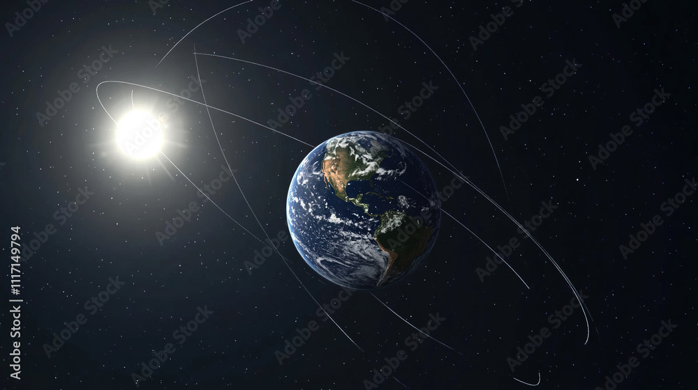 Obraz premium Earth axis diagram illustration showing the tilt of the Earth's rotational axis relative to its orbital plane, explaining the cause of seasonal changes and the distribution of sunlight.