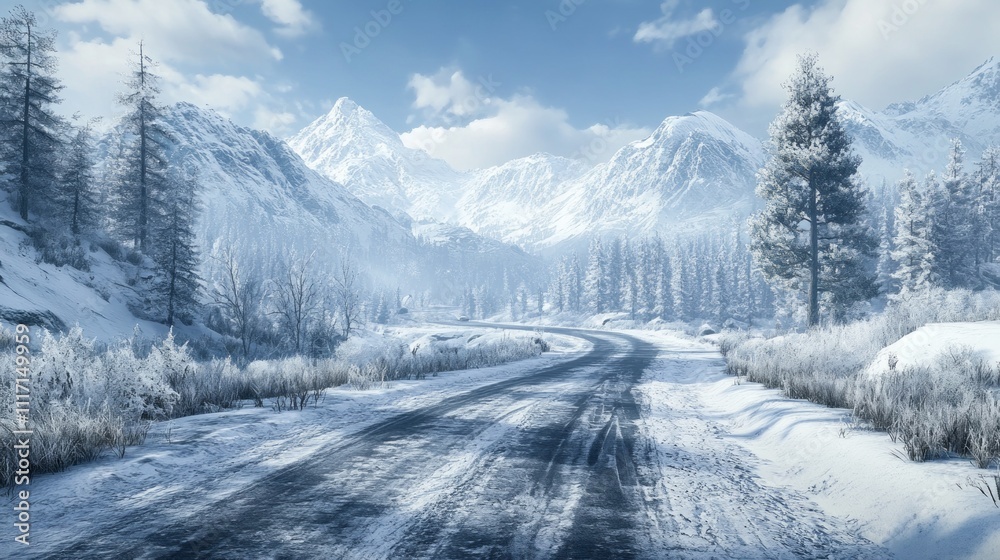 Obraz premium A tranquil winter morning unfolds with a winding road blanketed in fresh snow. Towering mountains and frosted evergreens create a picturesque scene, inviting adventure and exploration