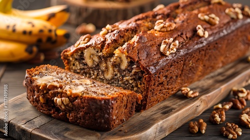 Freshly baked banana bread with walnuts photo