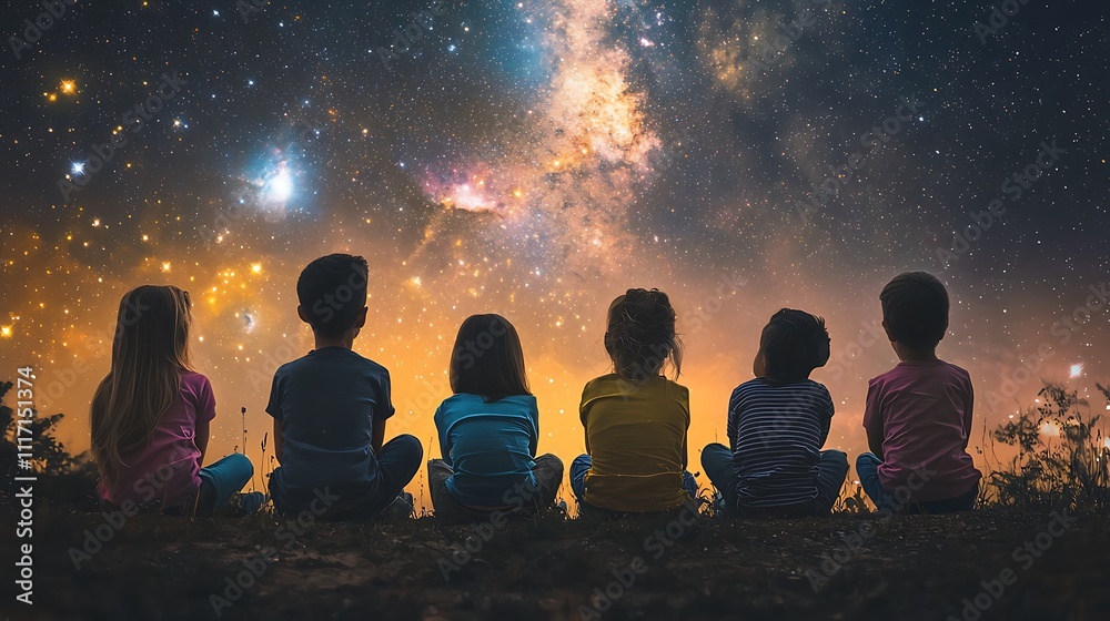 Diverse group of children stargazing Diverse group of children stargazing