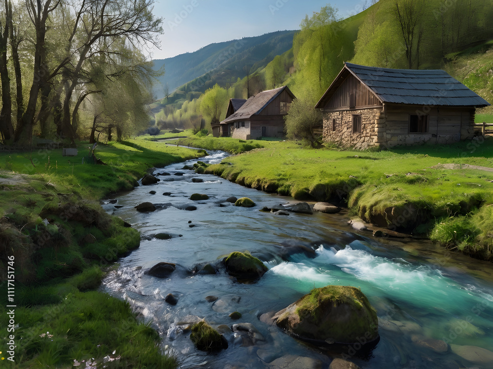 A crystal-clear stream flowing alongside a rural village in spring. A crystal-clear stream flowing alongside a rural village in spring.