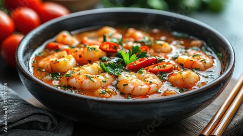 Delicious spicy shrimp soup garnished with fresh herbs, red chili, and parsley, served in a black bowl, perfect for a flavorful meal.