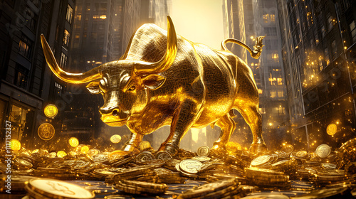 Wall Street bull in full size, all gold glistening in the sun, with many small gold coins lying around him, side view, hyperrealism, soft light, many details, photo photo