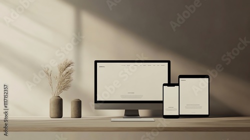 Responsive website landing page mockup displayed on a desktop, tablet, and smartphone with a clean, minimalist background to highlight the design



