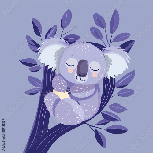 Cute purple koala sleeping soundly on a tree branch. photo