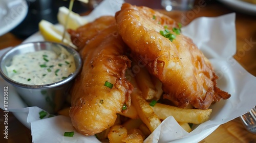 Golden fish and chips with tartar sauce