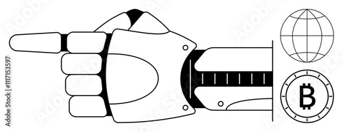 Robotic arm pointing left, next to globe and Bitcoin symbols. Ideal for technology, digital currency, automation, robotics, innovation, global connectivity, and fintech themes. Line metaphor
