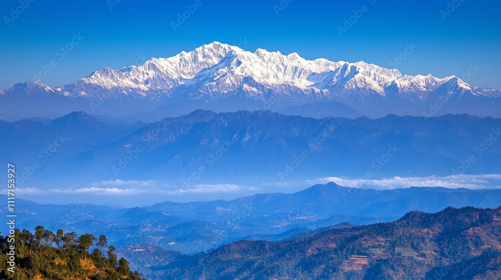 Fototapeta premium Majestic Snow-Capped Mountain Range in Panoramic View Serene Alpine Beauty with Layers of Blue and Purple Hills Grand Scenery of Nature's Splendor Ideal for Travel Brochures,