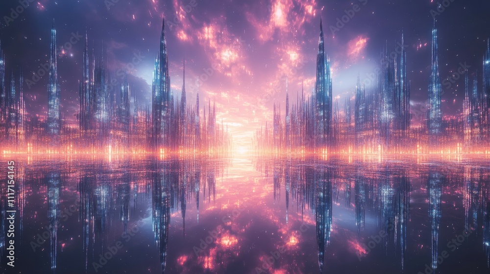 Fototapeta premium Futuristic Cityscape Reflection in Calm Waters Symmetrical Skyscrapers at Twilight - Digital Art Fantasy Landscape for Sci-Fi Concepts and Album Covers
